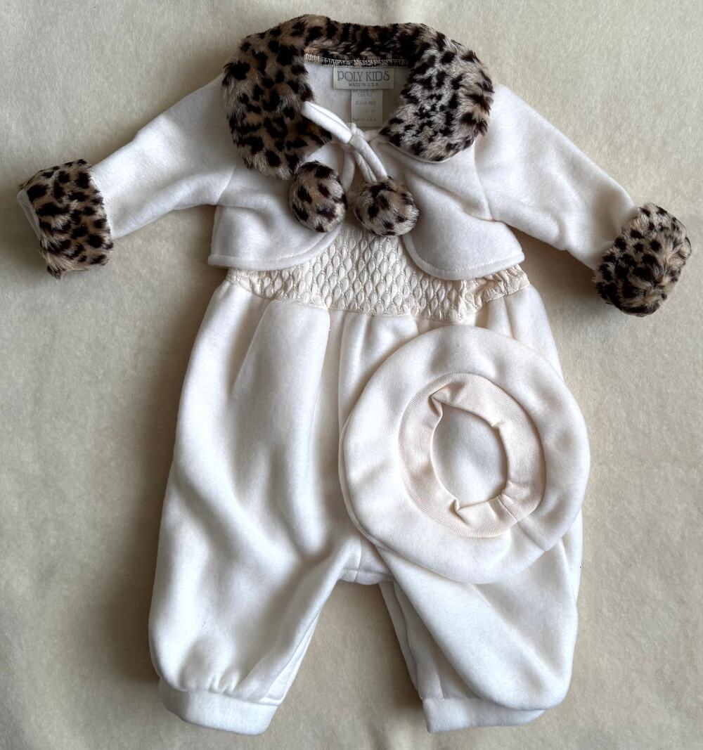 Vintage 90s Poly Kids 3-Piece Romper Set Girls Size 9-12M Ivory Leopard Faux Fur